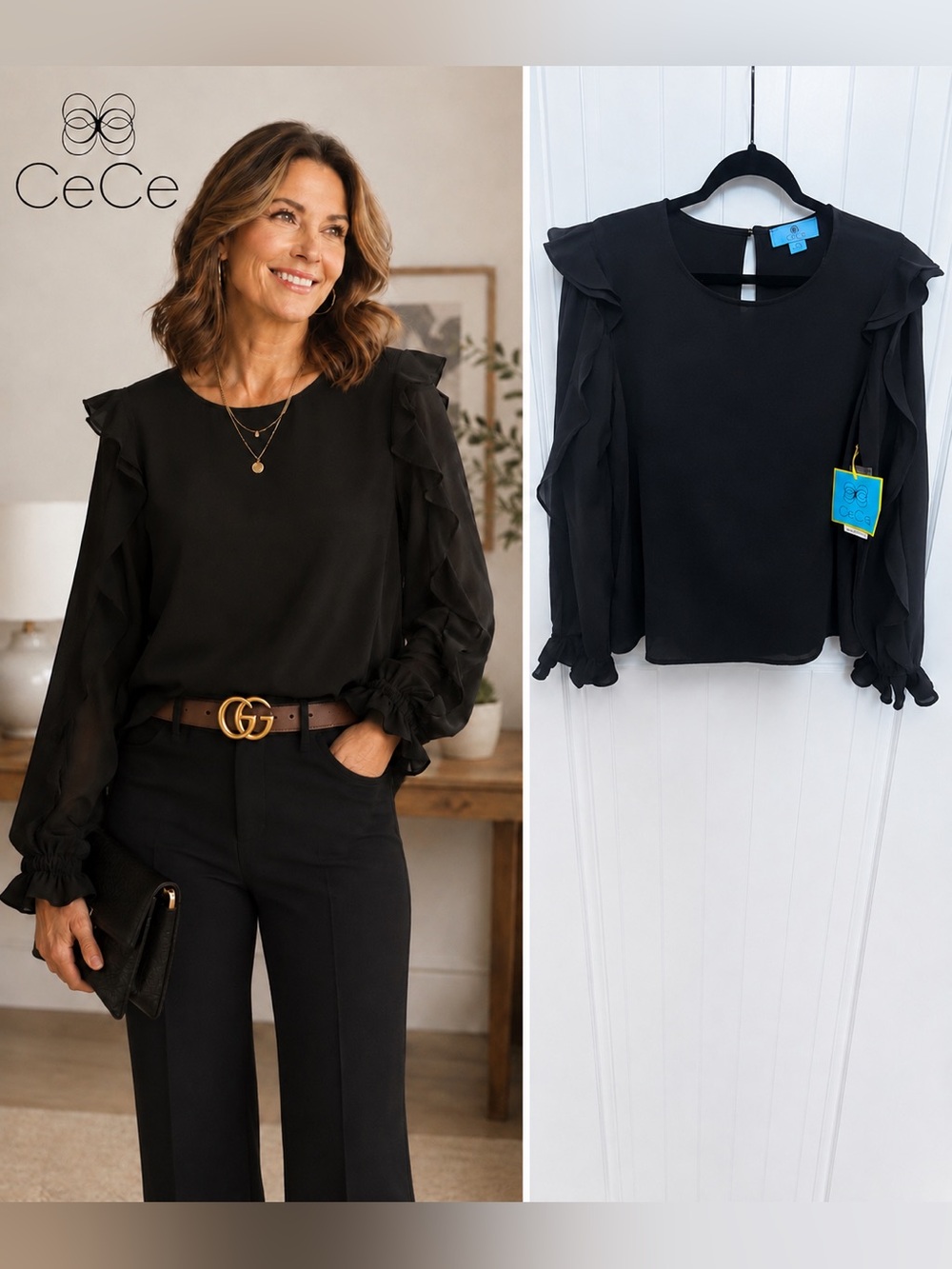 CeCe Black Ruffle Sleeve Blouse Top Size M